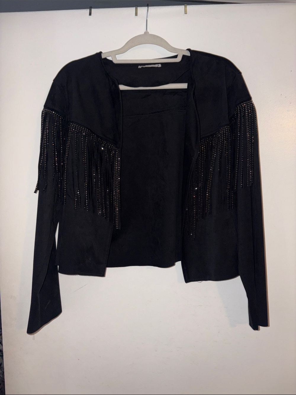 Zara Black Fringe Suede-Style Bomber Jacket